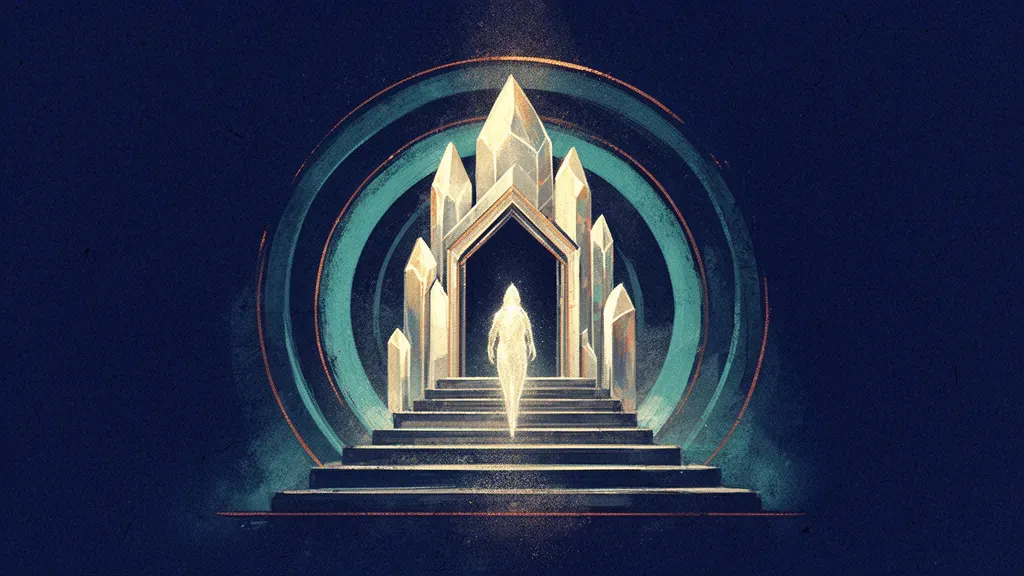 Abstract digital fresco: a tiered crystalline gate forming a controlled passage; navy and teal.