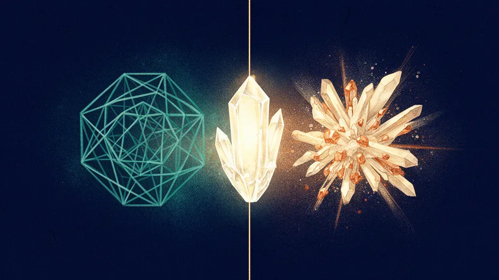 Abstract digital fresco: a form on a classification spectrum between a constrained cage and a free cluster; navy and teal.