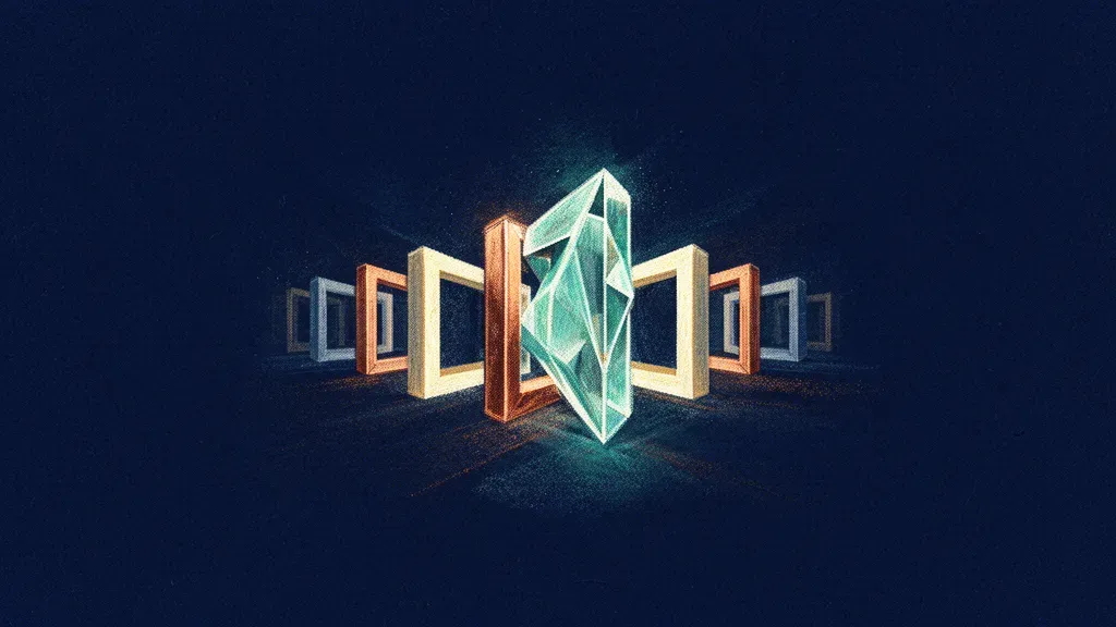 Abstract digital fresco: a row of receding checkpoint gates, one freshly re-formed, evoking regulatory amendment; navy and teal.