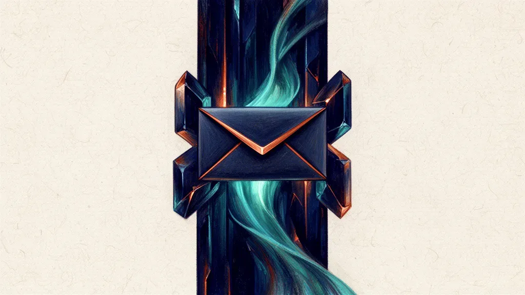 Abstract digital fresco: a formal sealed notice delivered across a luminous threshold; deep navy and teal.
