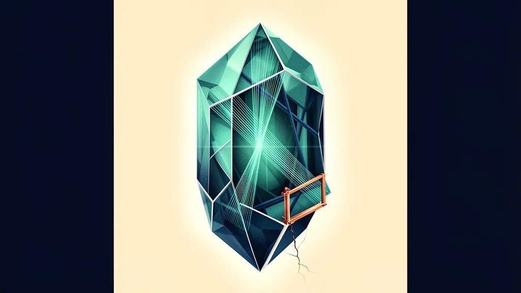 Abstract digital fresco: a centered navy-and-teal faceted crystal with taut tension lines, a copper frame marking owned tooling, and a faint detachment seam.