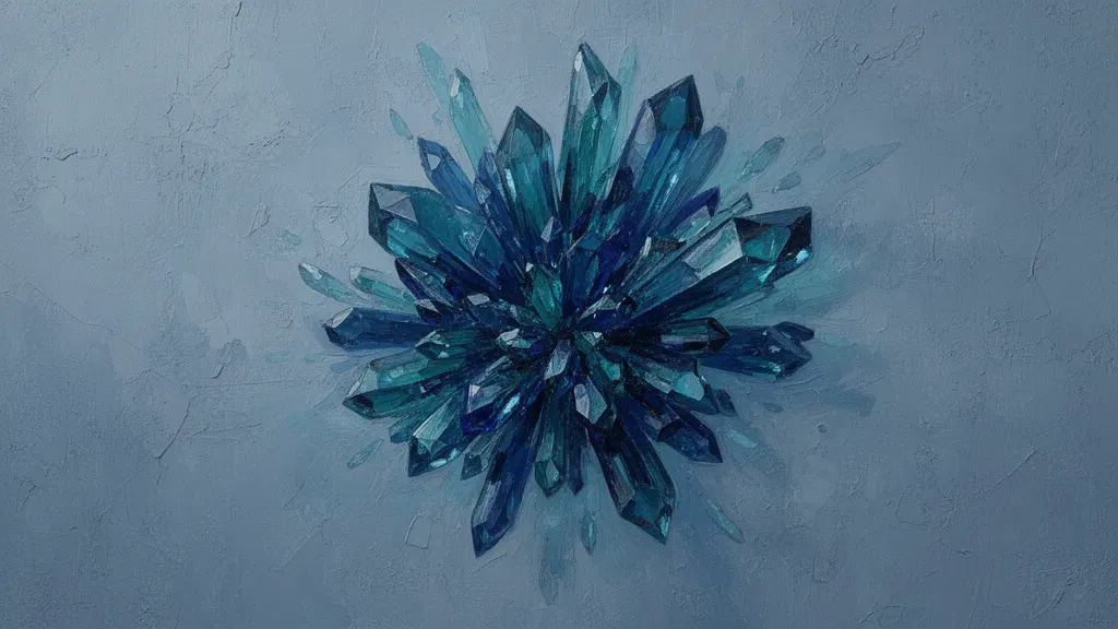 Abstract digital fresco: navy and teal crystalline shards bound into one unified core, symbolizing separate cleared rights assembled into a complete clearance package.