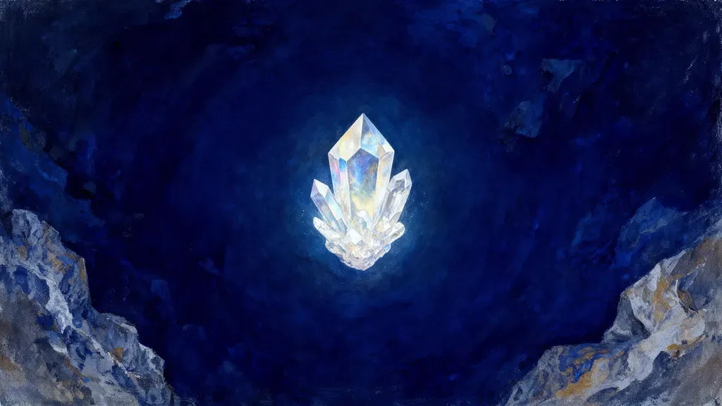 Abstract digital fresco: a luminous teal and cream crystalline form held intact at the center of a deep navy field, symbolizing a creator’s voice and likeness shielded from synthetic cloning.