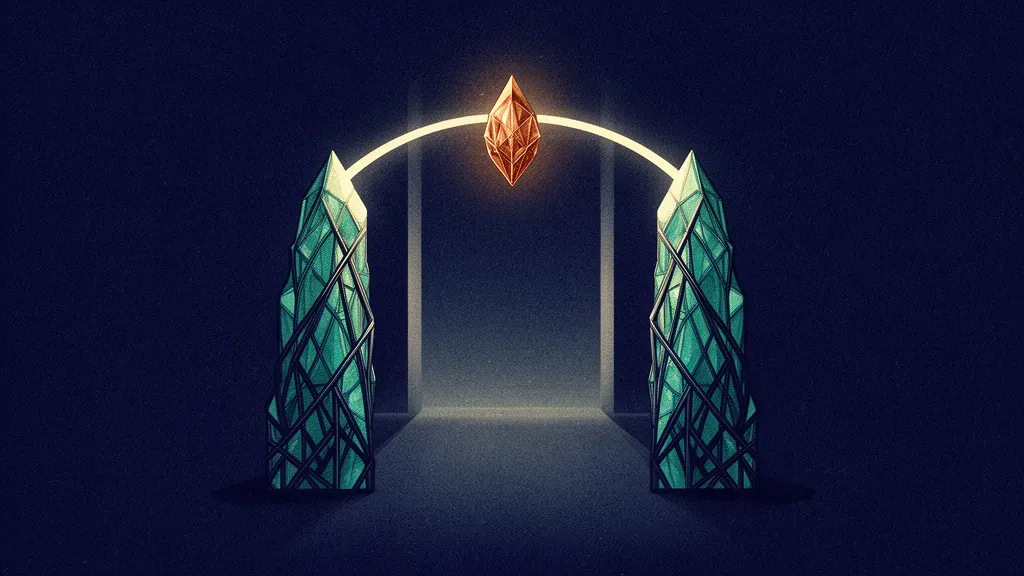 Abstract digital fresco of two balanced teal crystalline monoliths joined by a luminous arc over a threshold in deep navy, symbolizing an ethical transfer of a law practice.