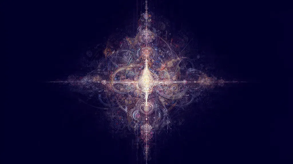 Abstract navy digital fresco: a glowing crystalline bloom radiating from a bright center into an intricate lattice — an artist’s work absorbed by a machine structure