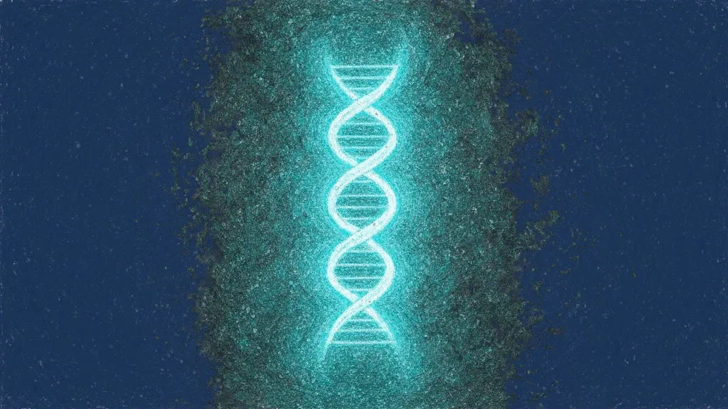 Abstract navy fresco: a teal DNA double-helix inside a protective glowing membrane, dissolving into crystalline data-shards — genetic data privacy under a compliance boundary