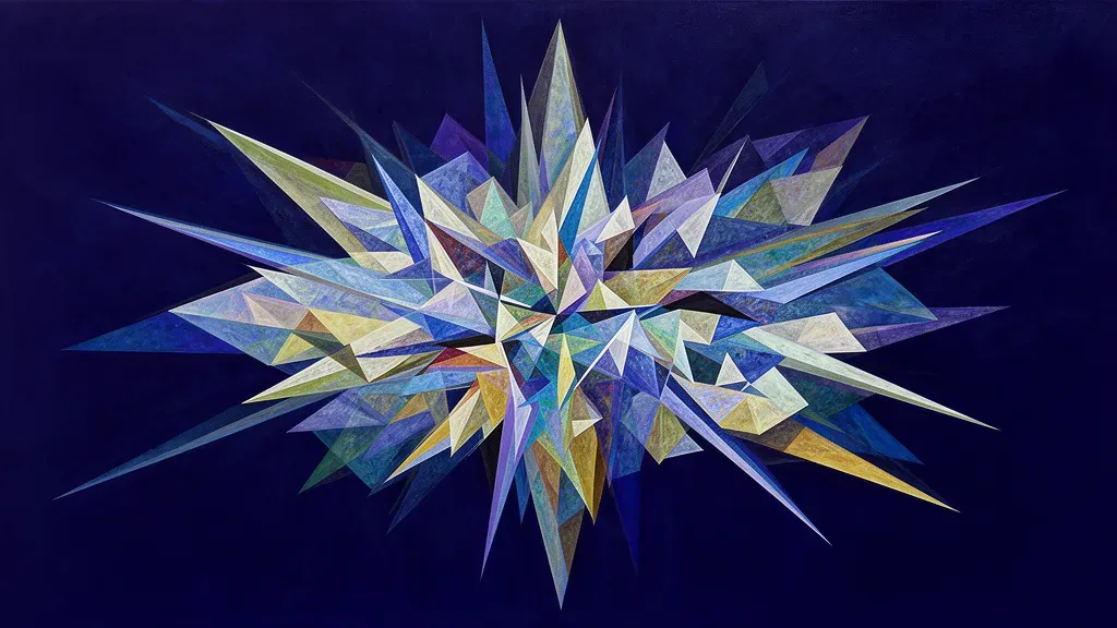 Abstract navy fresco: a teal sound waveform crystallizing into an ordered geometric lattice at a copper boundary, symbolizing where ownership of AI-generated music begins