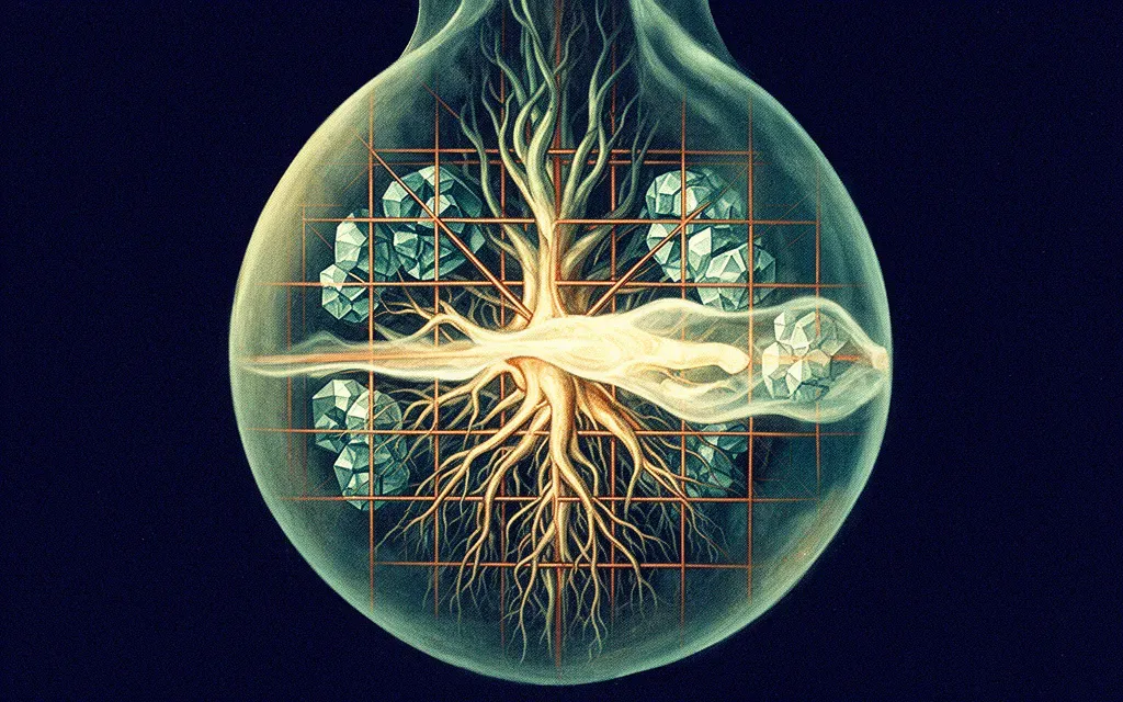 Abstract digital fresco: organic root system interwoven with a teal and copper architectural verification grid inside a translucent membrane.