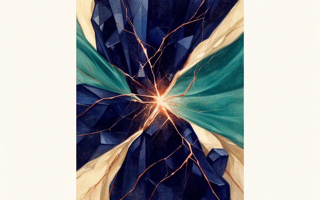 Abstract navy crystalline structure with a copper fracture radiating from a central stress point and a teal membrane containing the break