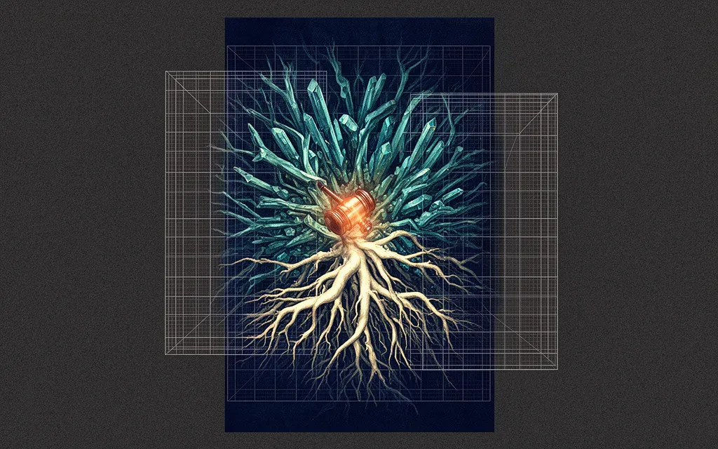 Abstract digital fresco: an organic root system resolving into a precise architectural grid, a copper focal point where chance meets regulation