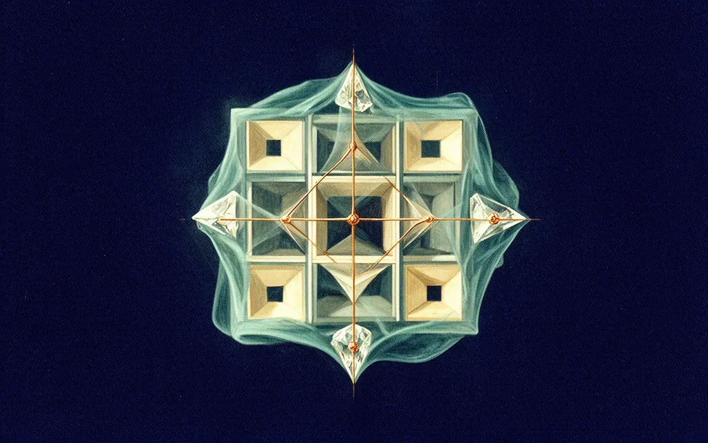 Abstract digital fresco of an interlocking architectural grid of geometric panels bound by a teal membrane, joined by a copper connector on deep navy