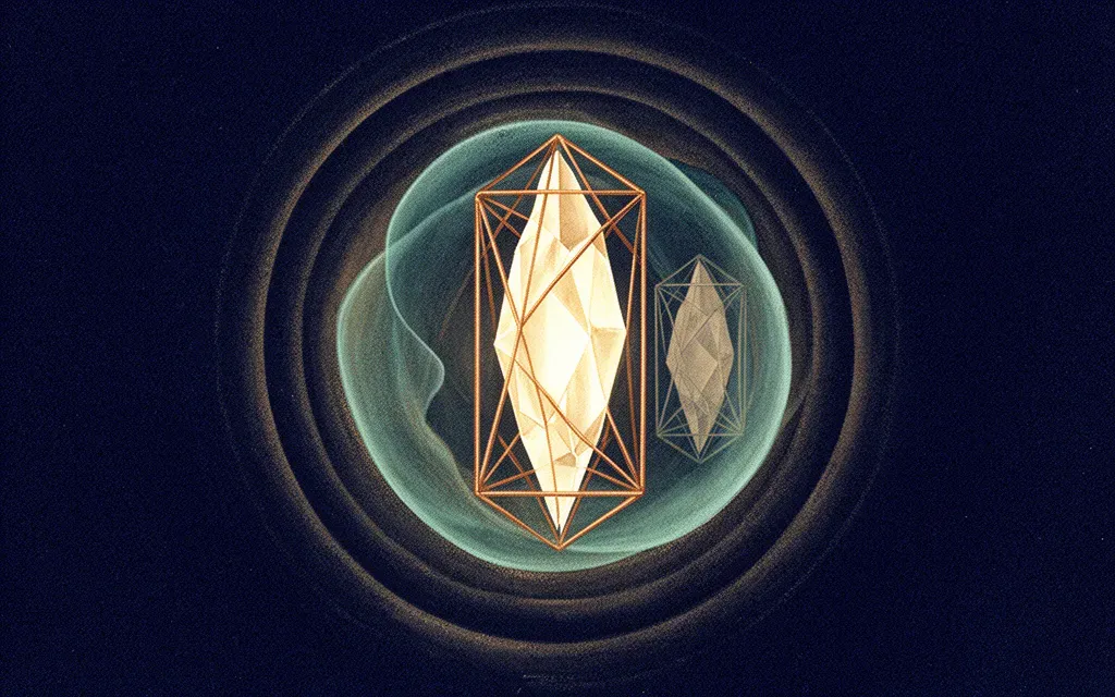 Abstract digital fresco: a luminous crystalline form caged in a copper lattice beside a dim duplicate, evoking voice ownership under the NO FAKES Act
