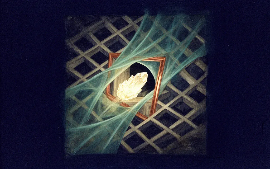 Abstract fresco: a luminous crystalline form passing through a copper-edged aperture in a navy and teal architectural lattice