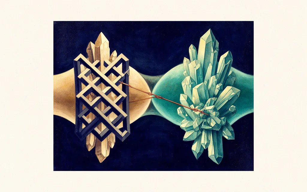 Abstract digital fresco: an ordered crystalline structure in a copper lattice transferring its form across a teal membrane to an emerging structure, symbolizing law-practice succession.
