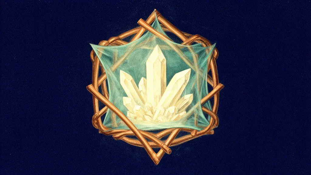 Abstract digital fresco: luminous crystalline forms assessed within a translucent teal membrane bounded by copper interlocking bands on deep navy