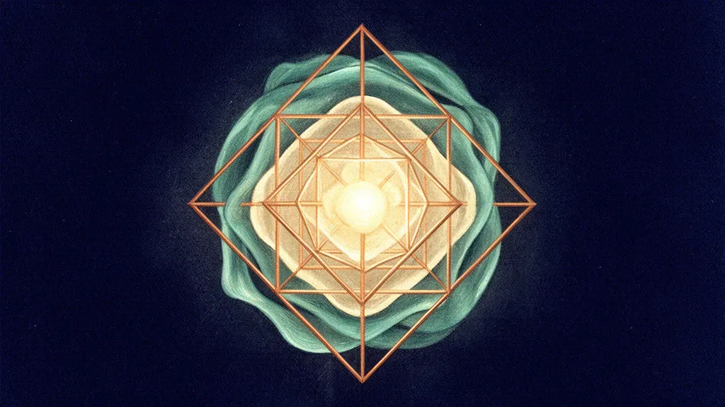 Abstract digital fresco: luminous contained light within a copper geometric lattice bound by a teal membrane, symbolizing tiered open source license obligations