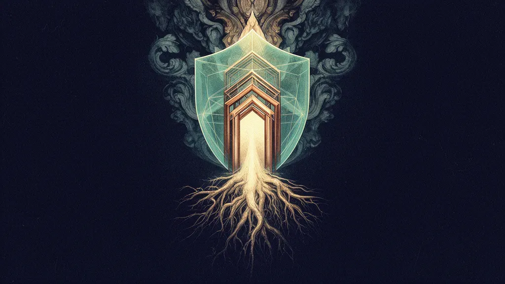 Abstract digital fresco: a teal safe-harbor shield and copper intent-gate threshold anchored to a luminous root system, symbolizing Texas AI governance compliance under TRAIGA