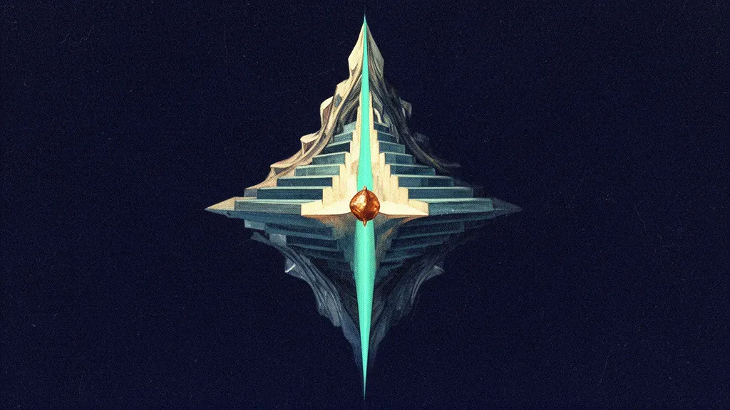 Abstract digital fresco: two interlocking crystalline forms sharing a central teal axis, ascending stepped tranches rising from a copper seed, symbolizing co-founder equity vesting over time