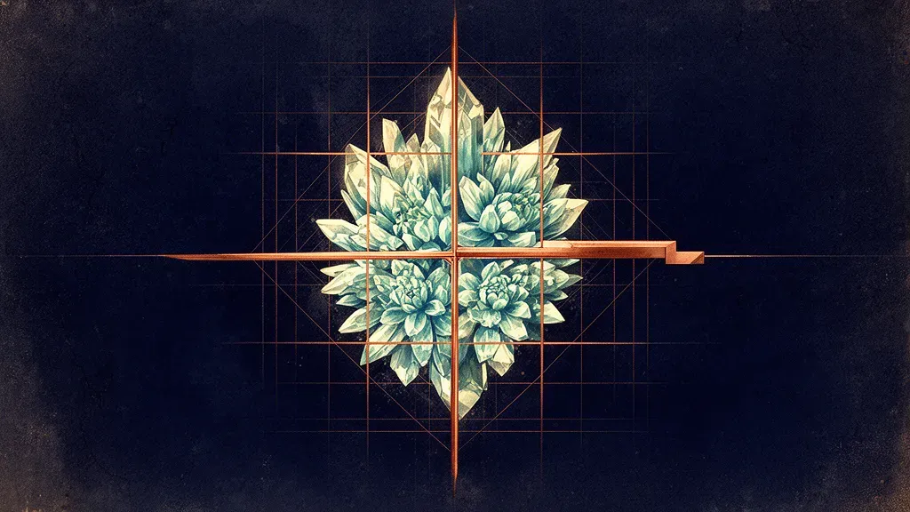 Abstract digital fresco: a teal crystalline form quartered by a copper lattice and crossed by a copper threshold ledge on deep navy — equity vesting released in stages past a cliff