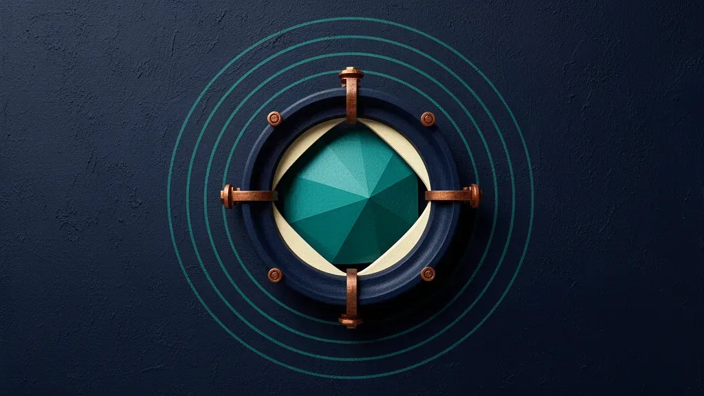 Abstract fresco: a teal faceted core gated inside a navy iris aperture ring with small copper pivot bolts, ringed by fine concentric teal arcs on a dark navy plaster wall.