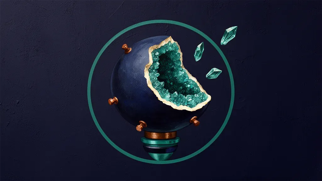 Abstract fresco: a deep navy geode opened on one side to reveal a teal crystal interior, small copper pins and a closed teal ring around it, with loose teal shards drifting free.