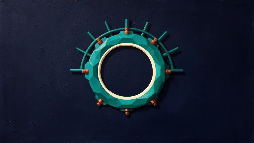 Abstract fresco: a faceted teal ring with small copper bolt fittings and radiating struts, its open centre showing the dark navy plaster ground straight through it.