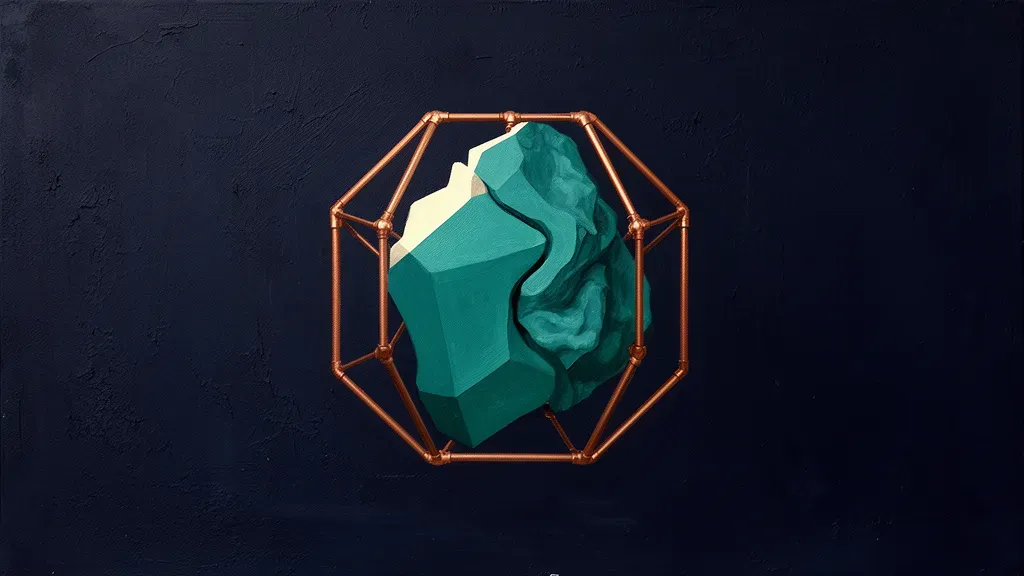 Abstract fresco: a teal mass, half precisely faceted and half rough and organic, held inside a slender copper hexagonal armature on a dark navy plaster ground.