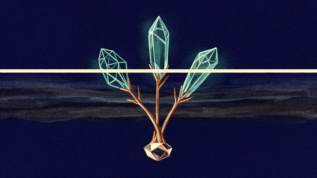 Abstract digital fresco: three teal crystalline branches diverging from one copper-edged foundation on deep navy, crossed by a single cream threshold line