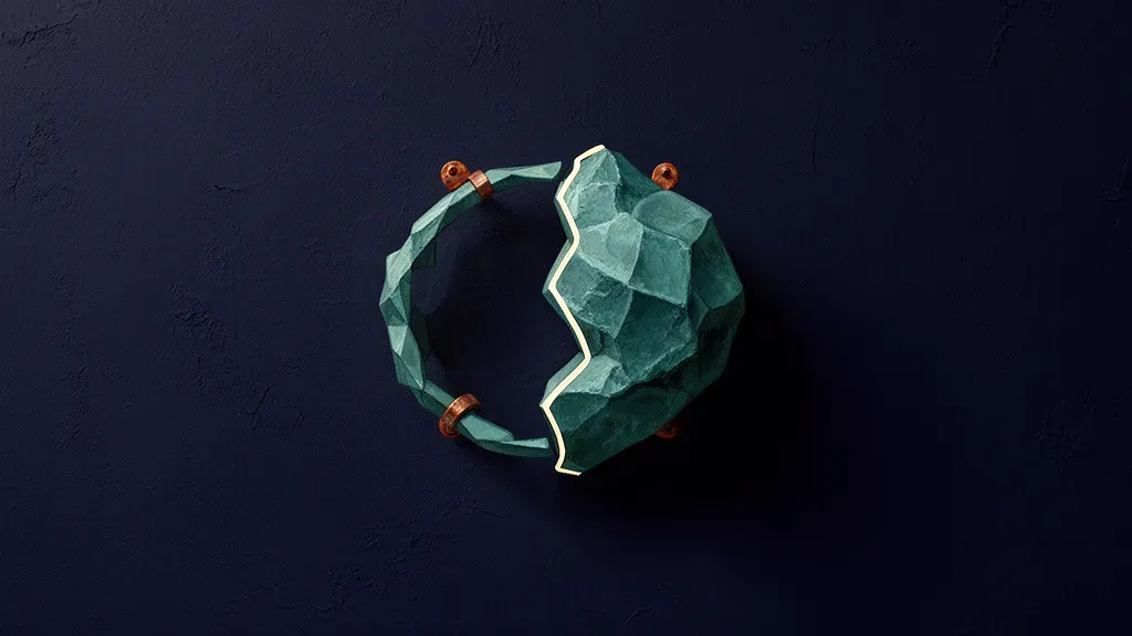Abstract fresco on deep navy plaster: a faceted teal crystal whose right side is dense solid stone while its left side is an empty hollow husk, divided by a cream-lit seam pinned with copper.