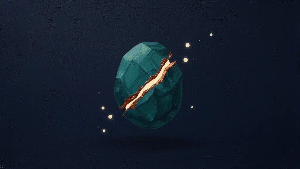 Abstract fresco on deep navy: an oval teal crystal with one diagonal fracture across its face rebonded in copper and glowing cream, small motes of light drifting away from the break.
