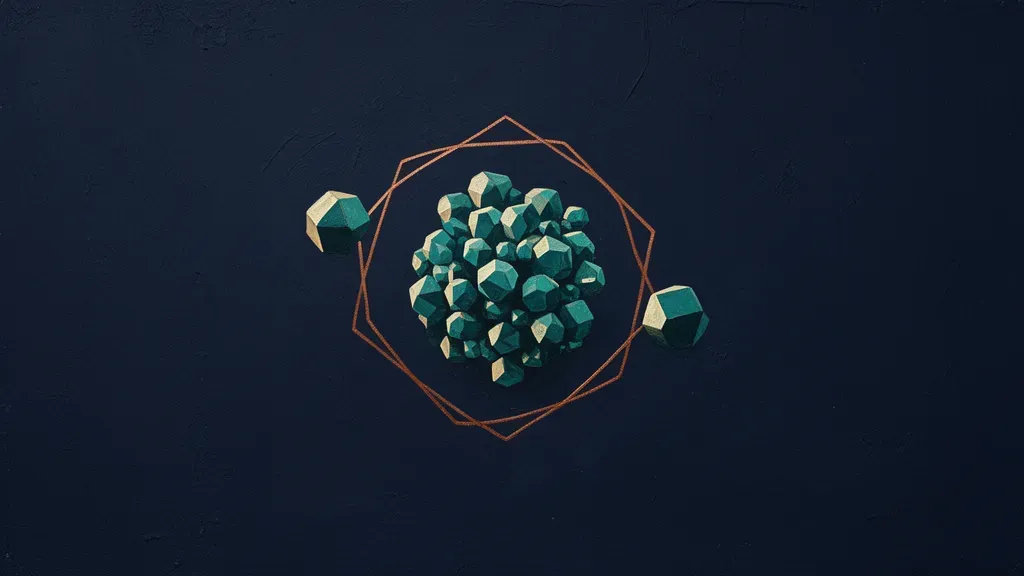 Abstract fresco on deep navy: a dense cluster of small faceted teal crystals ringed by a single hairline copper boundary, with two crystals left outside the ring on bare navy ground.