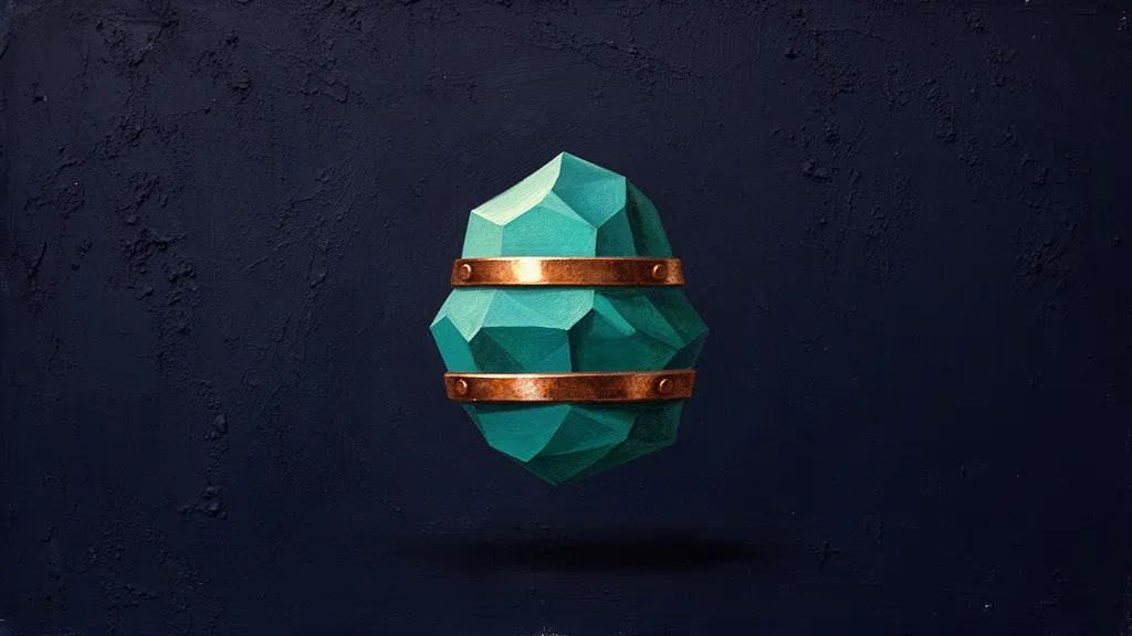 Abstract fresco on deep navy plaster: a compact faceted teal crystal floating in dark space, reinforced at two narrow points by riveted copper bands seated flush into the stone.