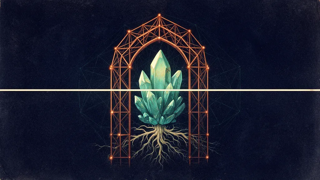 Abstract digital fresco: a copper lattice arch on deep navy shelters a luminous teal crystal cluster with fine roots, crossed by a single thin cream horizontal boundary line.