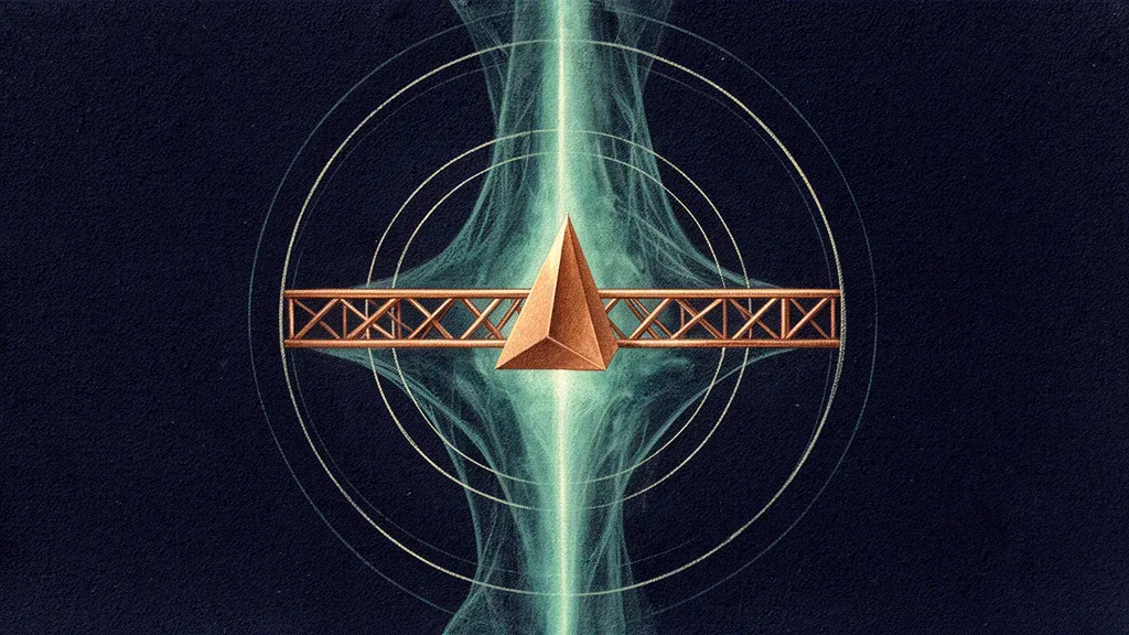 Abstract digital fresco: a faceted copper wedge keyed into a horizontal copper truss spanning a rising teal light channel on deep navy, ringed by faint concentric cream circles