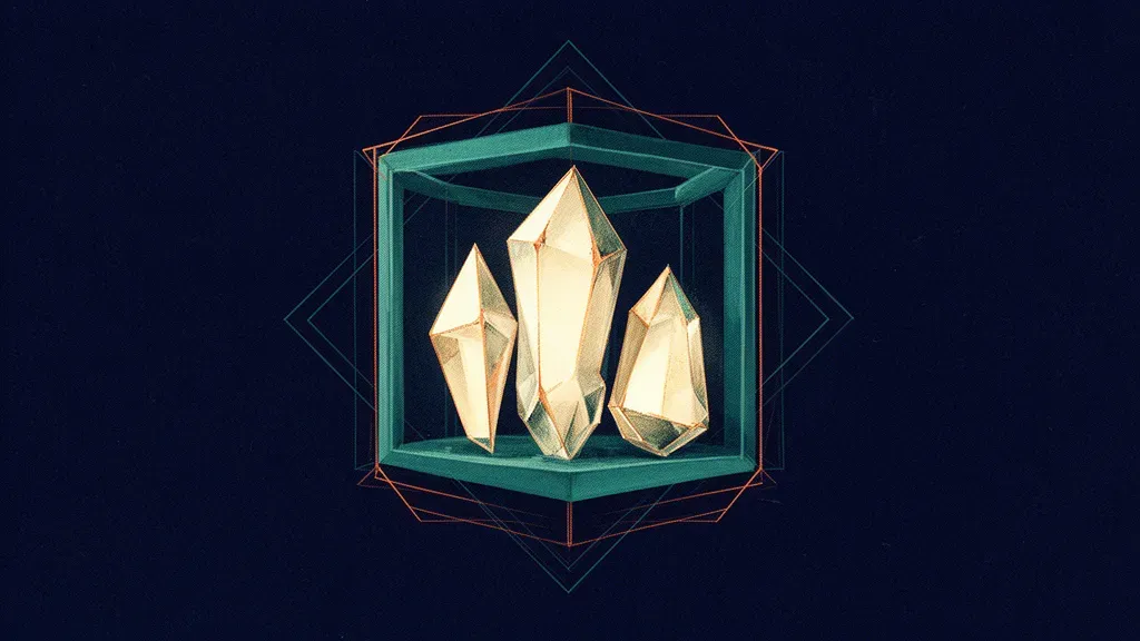 Abstract digital fresco: three unequal cream-lit crystalline solids held inside one angular teal containment frame on deep navy, traced by thin copper edge lines.