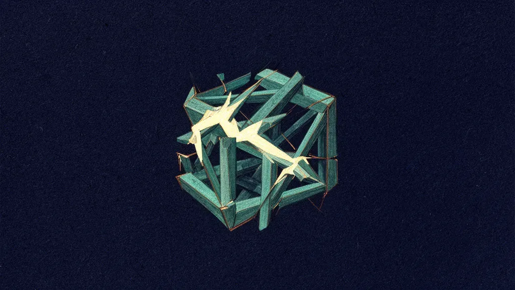 Abstract digital fresco: a small angular teal lattice block centered on deep navy, several struts cleanly snapped, cream light bursting from the fractures, thin copper edge lines.
