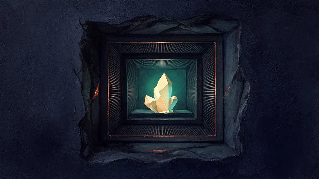Abstract digital fresco: staged rectangular apertures quarried into deep navy plaster, receding inward past thin copper edge lines and teal score marks to a cream faceted crystal at the core
