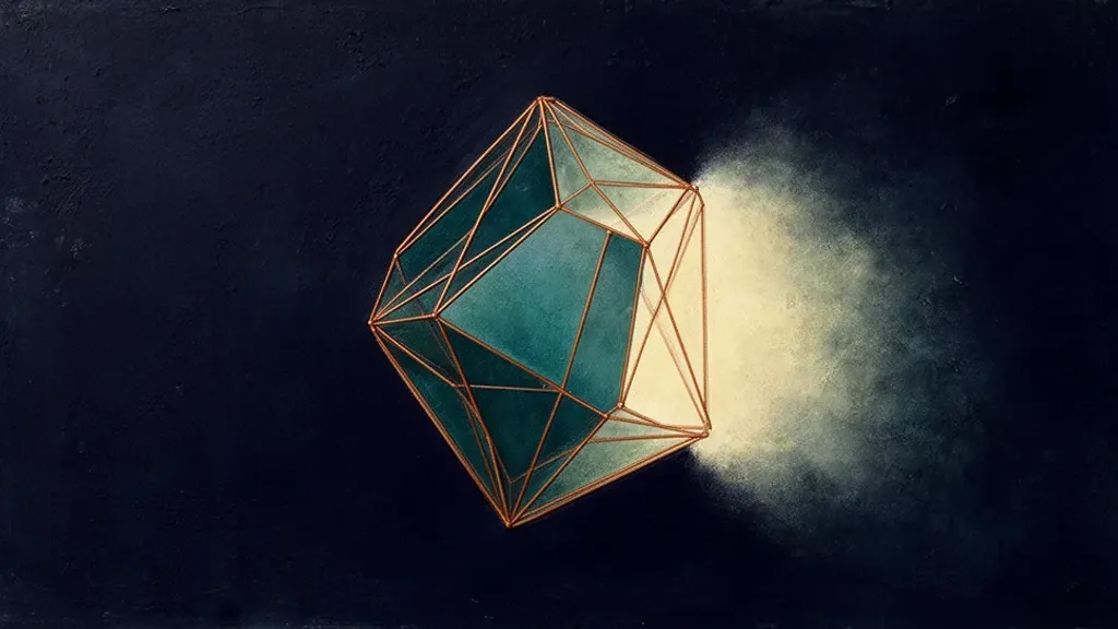 Abstract digital fresco: a faceted teal crystal bound by thin copper struts on deep navy, the lattice complete on every face but one, where contained cream light escapes into a diffuse haze