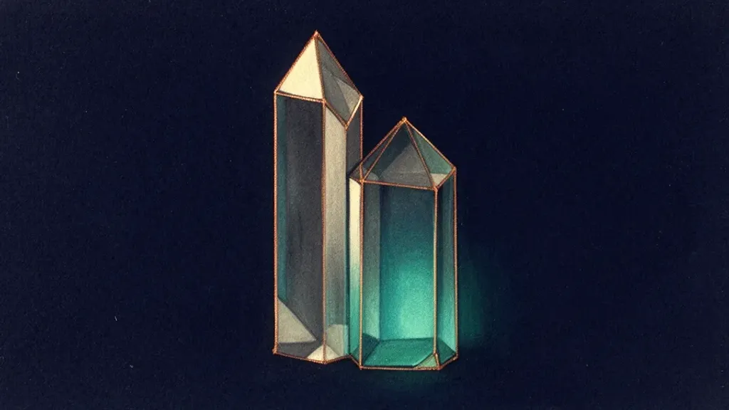 Abstract digital fresco: two unequal angular crystal solids on deep navy, one tall and pale, one shorter and teal-lit, pressed flush along a single straight seam, edged in hairline copper