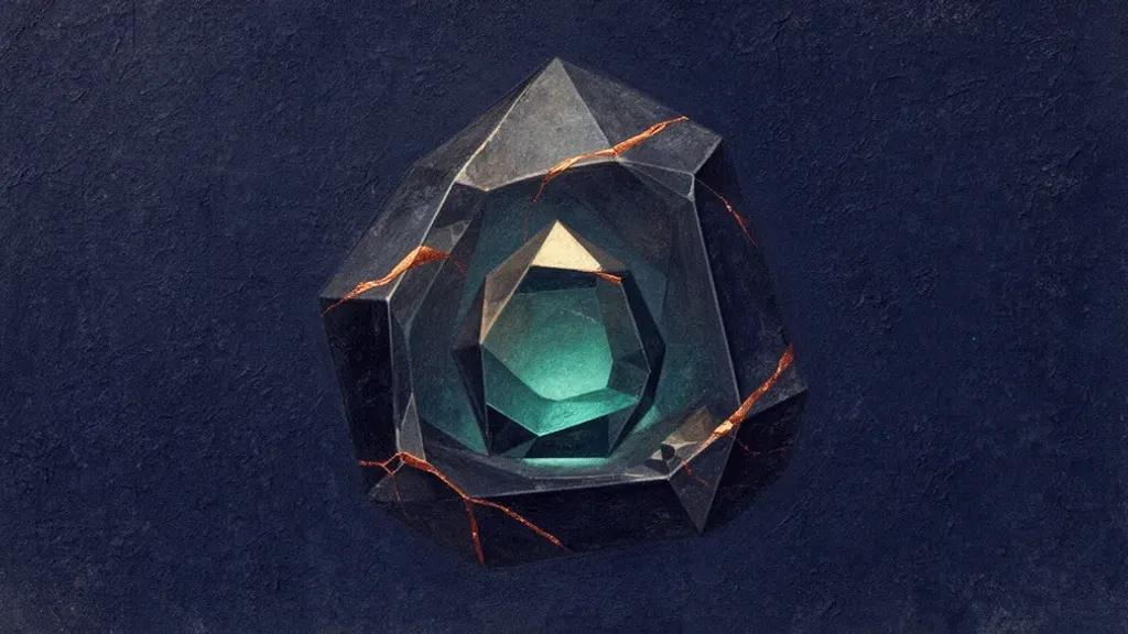 Abstract digital fresco: three angular faceted solids nested one inside another on deep navy, the innermost glowing warm teal, with hairline copper glints along a few outer edges