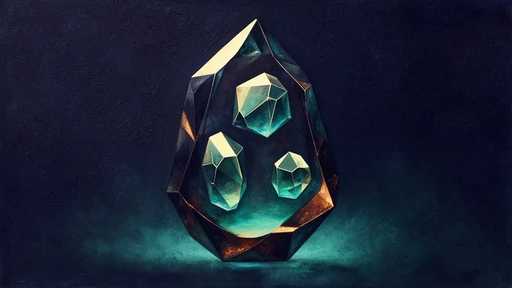 Abstract digital fresco: three unequal teal crystalline solids suspended inside one faceted deep-navy crystal, warm copper patina along its lower facets, centered on troweled navy plaster