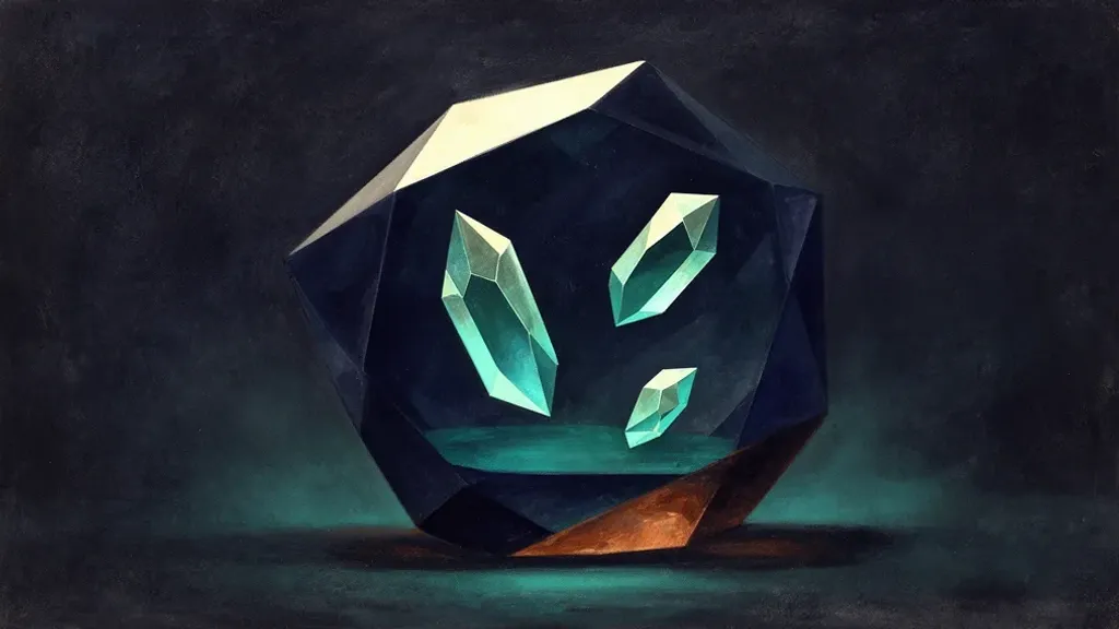 Abstract digital fresco: a large irregular faceted deep navy crystal centered on dark plaster, holding three unequal teal glass shards at different depths, lit by a pale cream facet