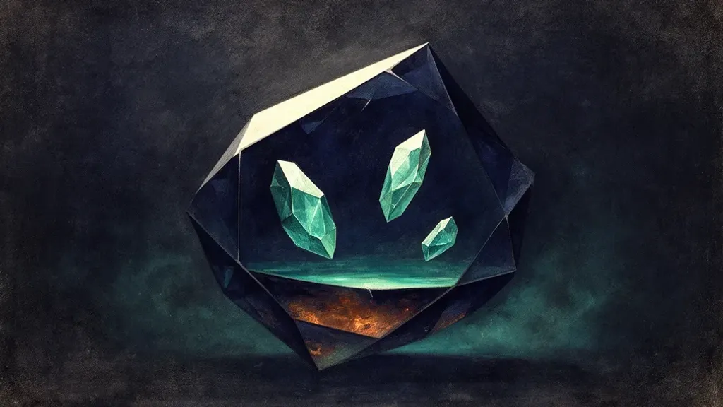 Abstract digital fresco: a lopsided faceted deep navy crystal centred on dark plaster, holding three unequal teal glass shards above a pooled teal glow, one upper facet lit pale cream.