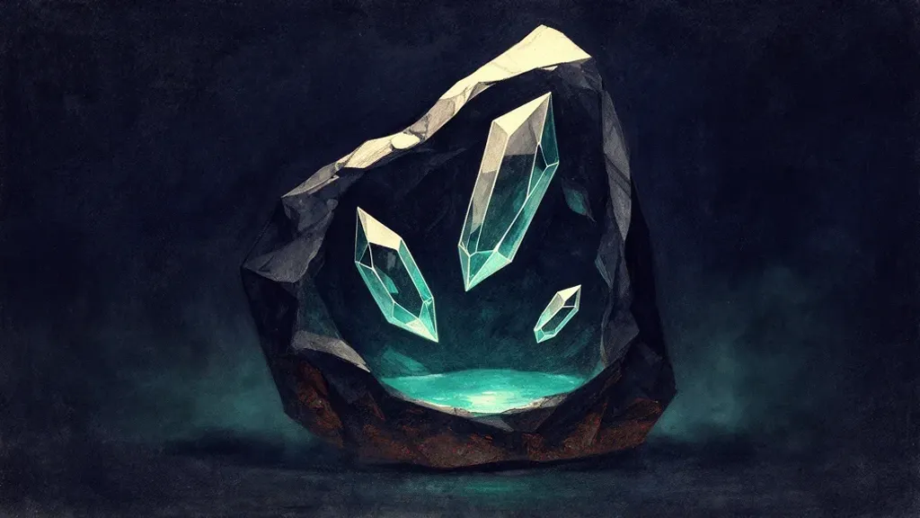 Abstract digital fresco: three unequal angular teal crystal shards suspended at different depths inside one lopsided deep navy stone, above a pooled teal glow, on dark plaster