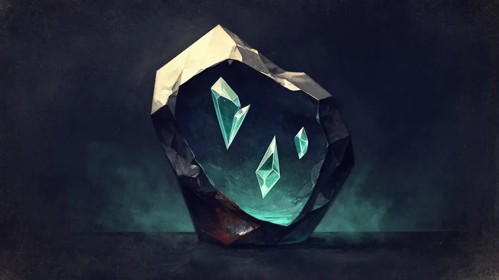Abstract digital fresco: a lopsided faceted deep navy stone centered on dark plaster, holding three unequal angular teal crystal shards in a pool of contained teal light, cream light above