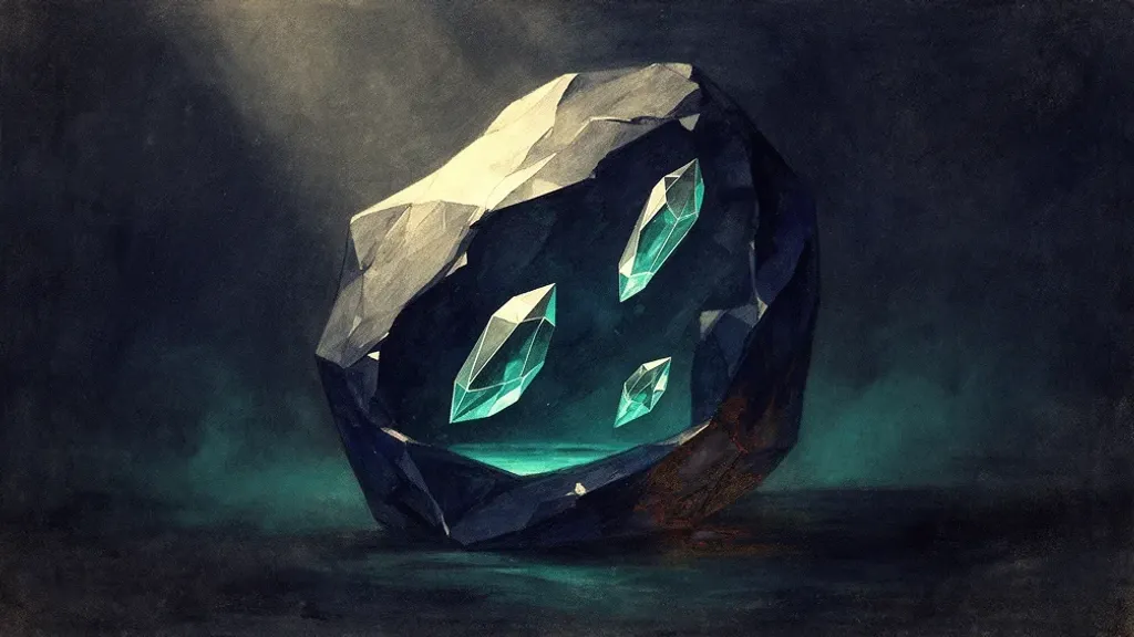 Abstract digital fresco: a lopsided faceted deep navy crystal centered on dark plaster, three unequal teal glass shards encased at different depths, cream light grazing its upper facets