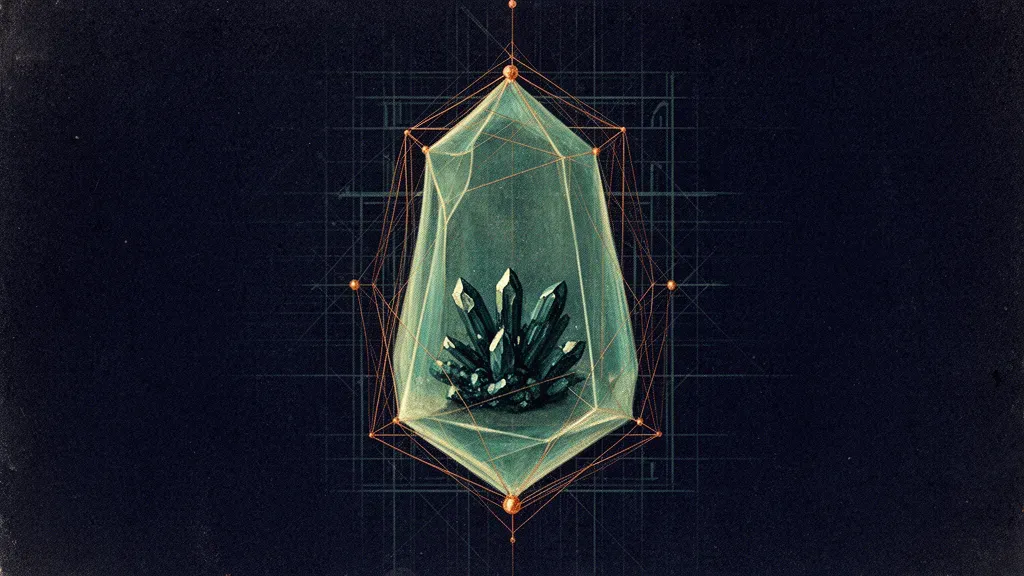 Abstract digital fresco: a translucent teal faceted enclosure on deep navy holds a dark crystal cluster with cream glints, its perimeter traced by thin copper lattice lines and nodes.