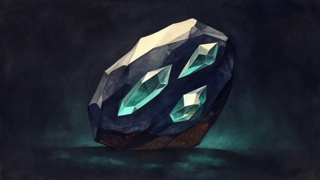 Abstract digital fresco: a large irregular faceted deep navy crystal centered on dark plaster, holding three unequal glowing teal shards at different depths, with one pale cream lit facet