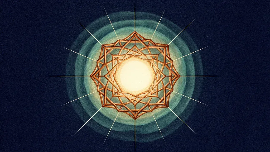Abstract digital fresco: a cream core of light held inside an interlocking copper lattice, ringed by concentric teal membranes on deep navy, fine cream lines radiating outward.