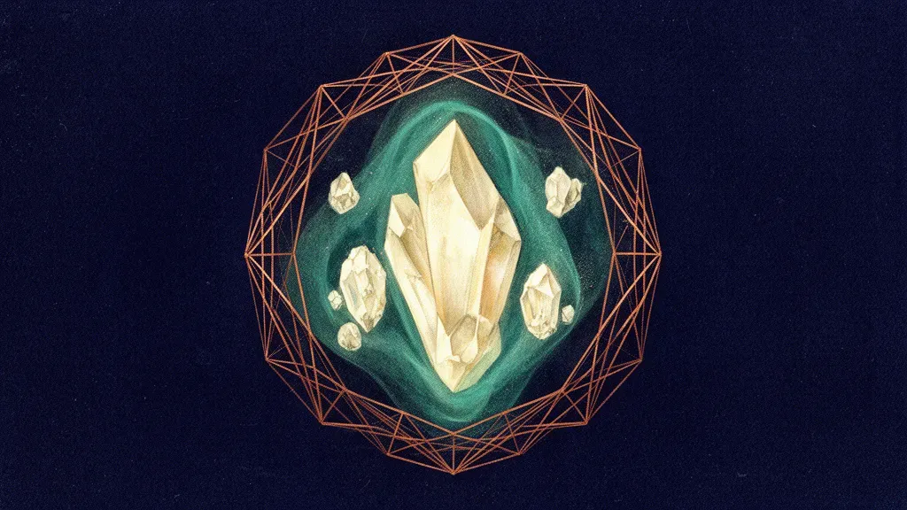 Abstract digital fresco: a cream crystal cluster glowing inside a teal membrane, ringed by a faceted copper lattice perimeter on deep navy — a bounded family of protected marks